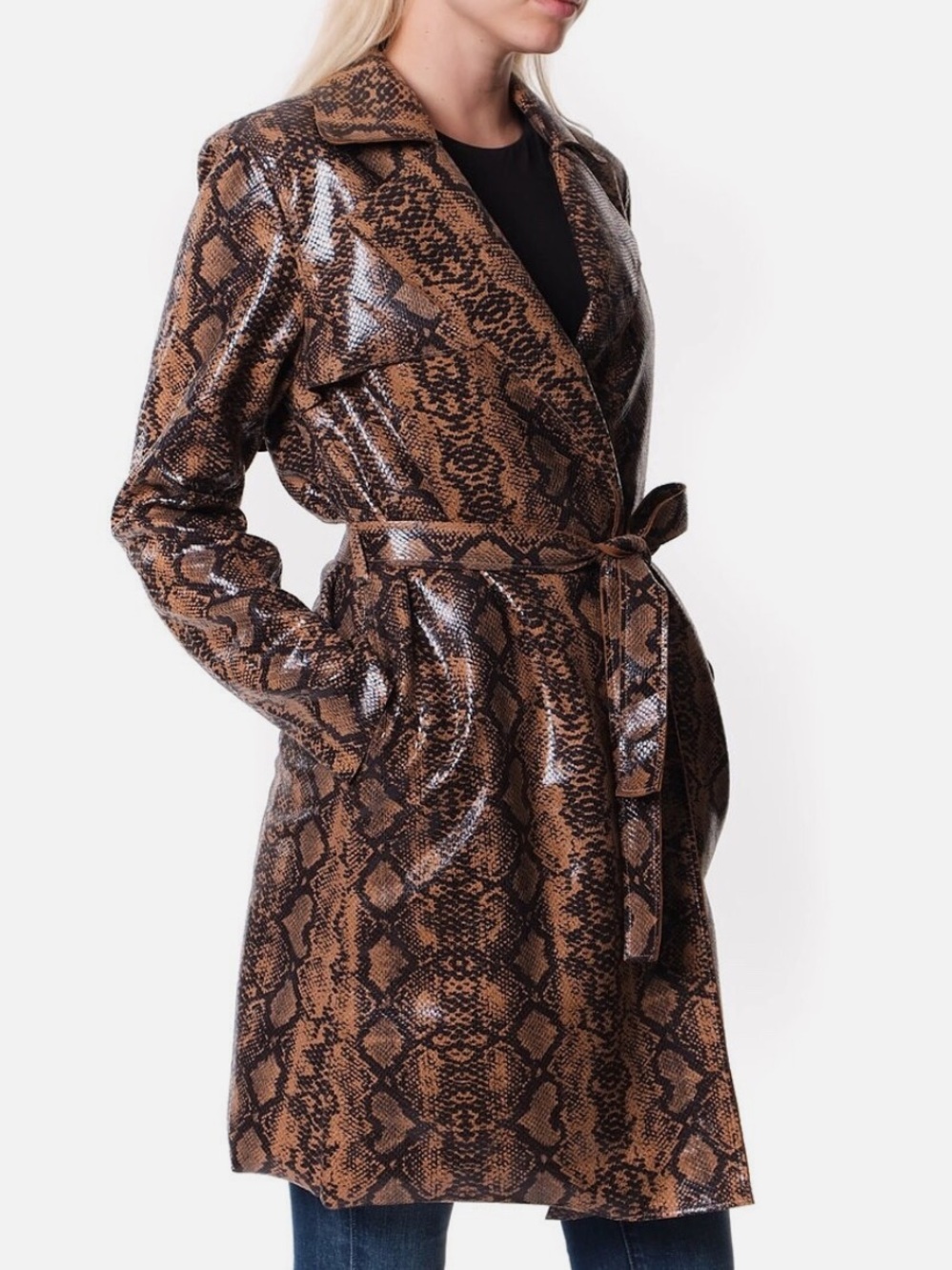 BlankNYC Faux Leather Snake Print Belted Trench Coat